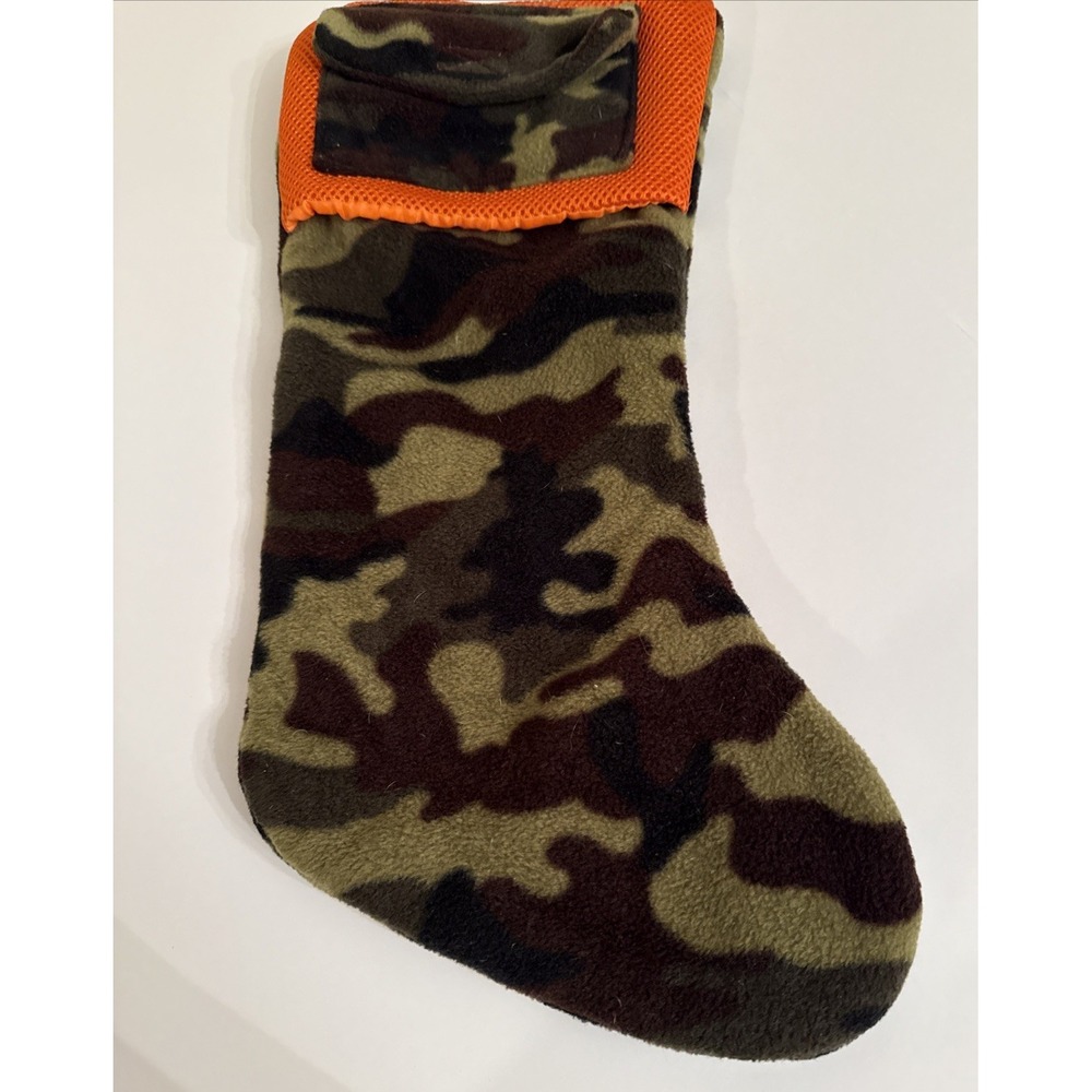 Camo Christmas Stocking Green Brown Orange Mesh Fleece Hook and Loop Pocket